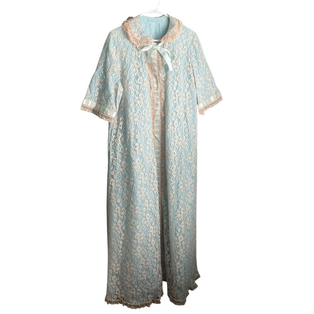 Vtg ODETTE BARSA Womens 1960s Robe Duster Blue Floral Lace Overlay Medium